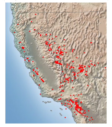 Map of California showing earthquake locations